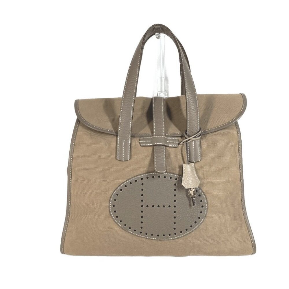 HERMES Punching H logo Hood Tote Bag Duffle Bag Hand Bag Leather/Canvas gray